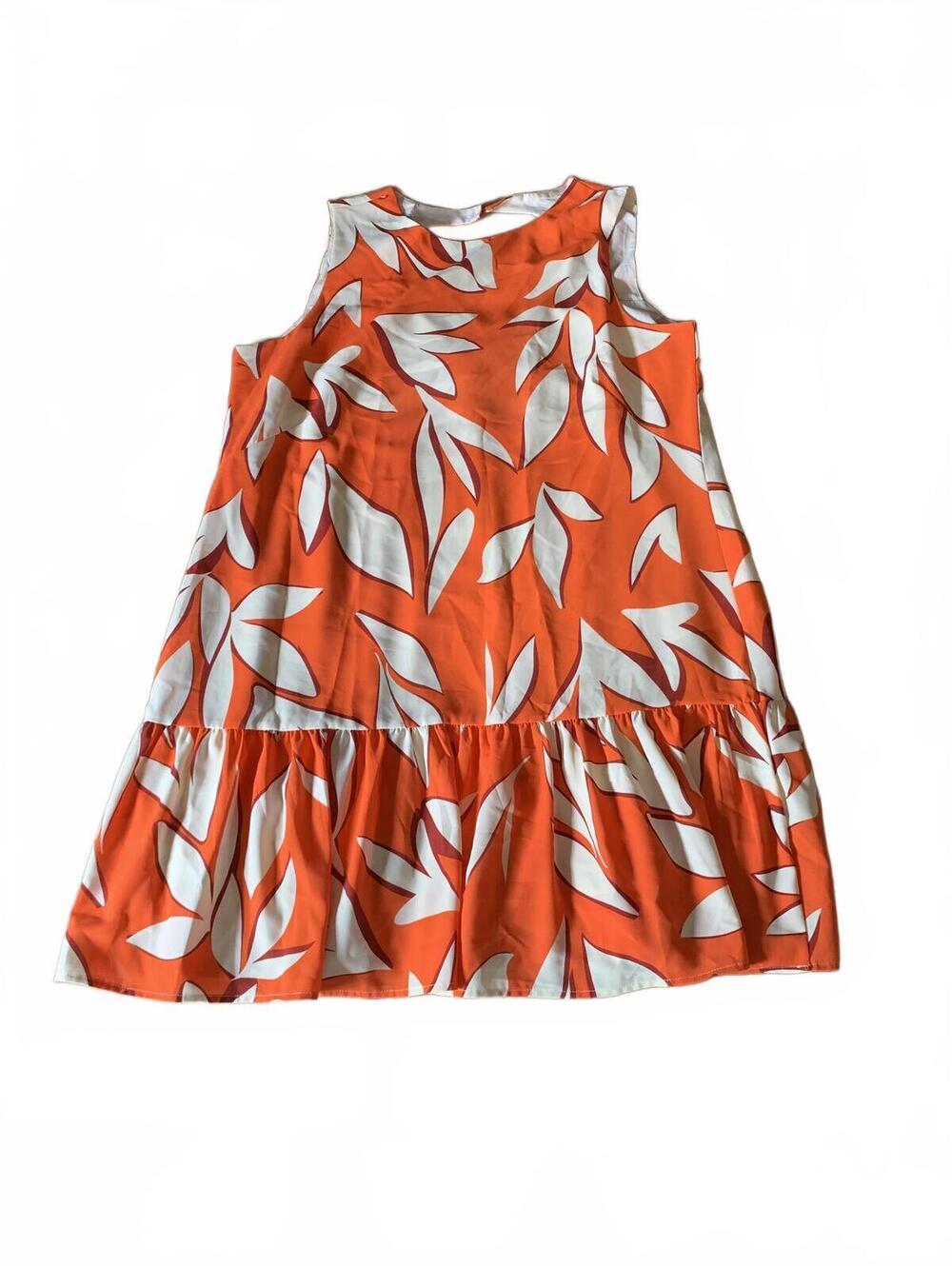 PrettyGarden XL Orange and White Leaf Print Sleeveless Dress